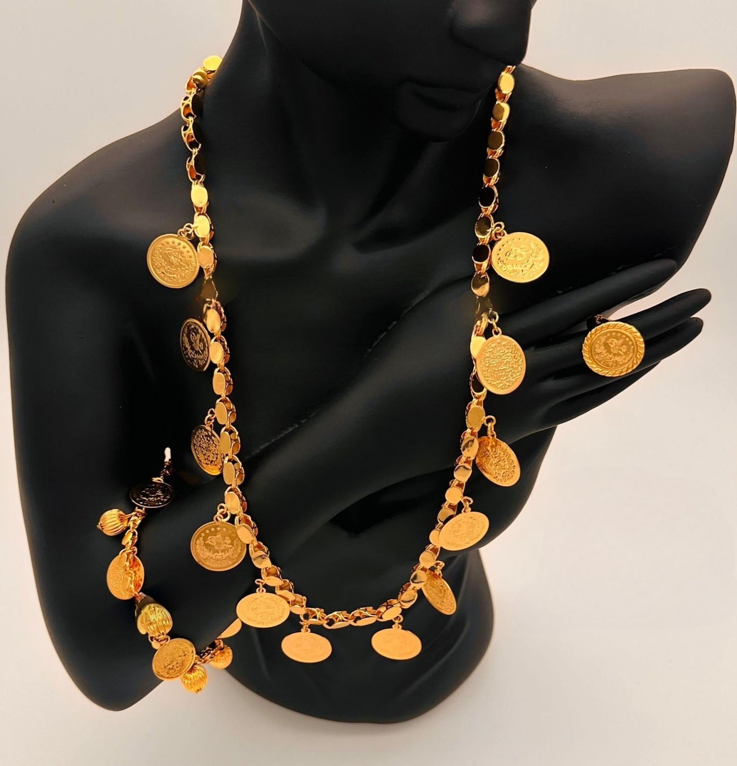 Regal Ottoman-Inspired Gold-Plated Coin Jewelry Set – Necklace, Bracelet, Earrings & Ring
