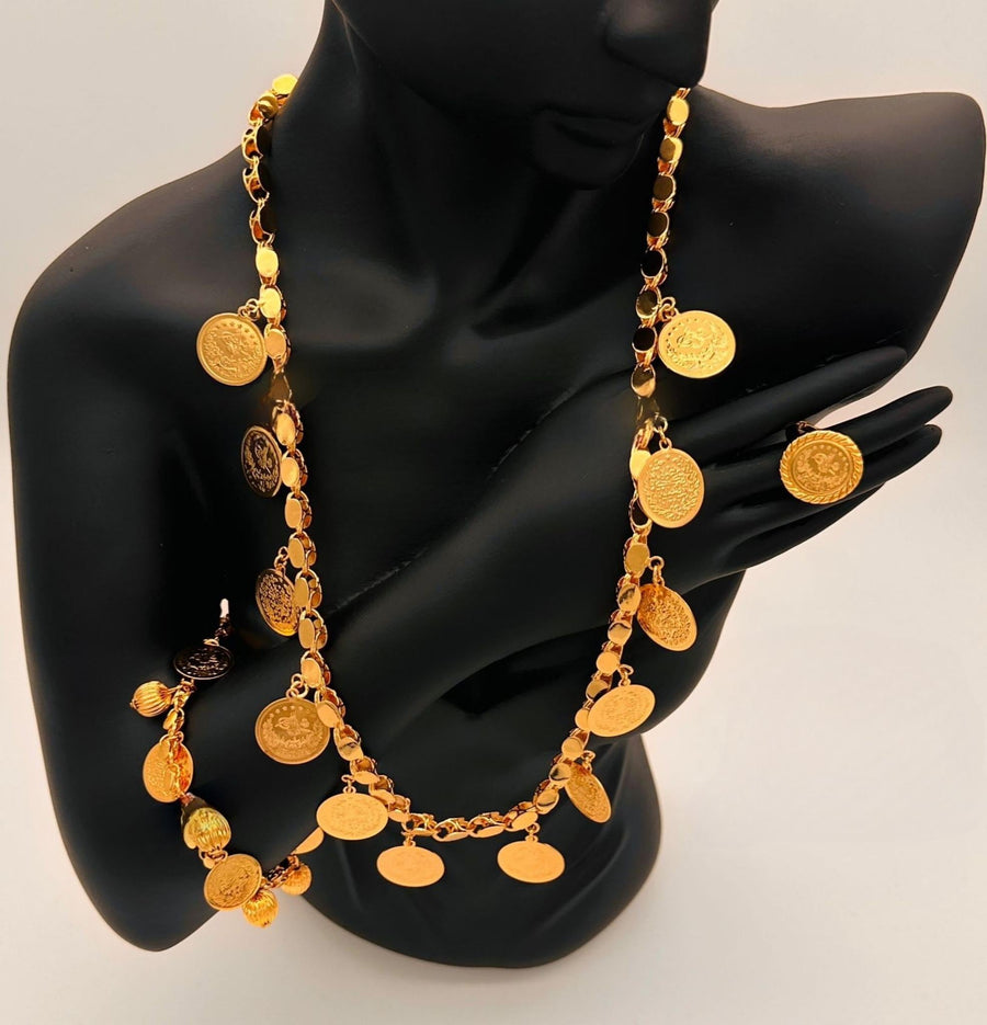 Regal Ottoman-Inspired Gold-Plated Coin Jewelry Set – Necklace, Bracelet, Earrings & Ring
