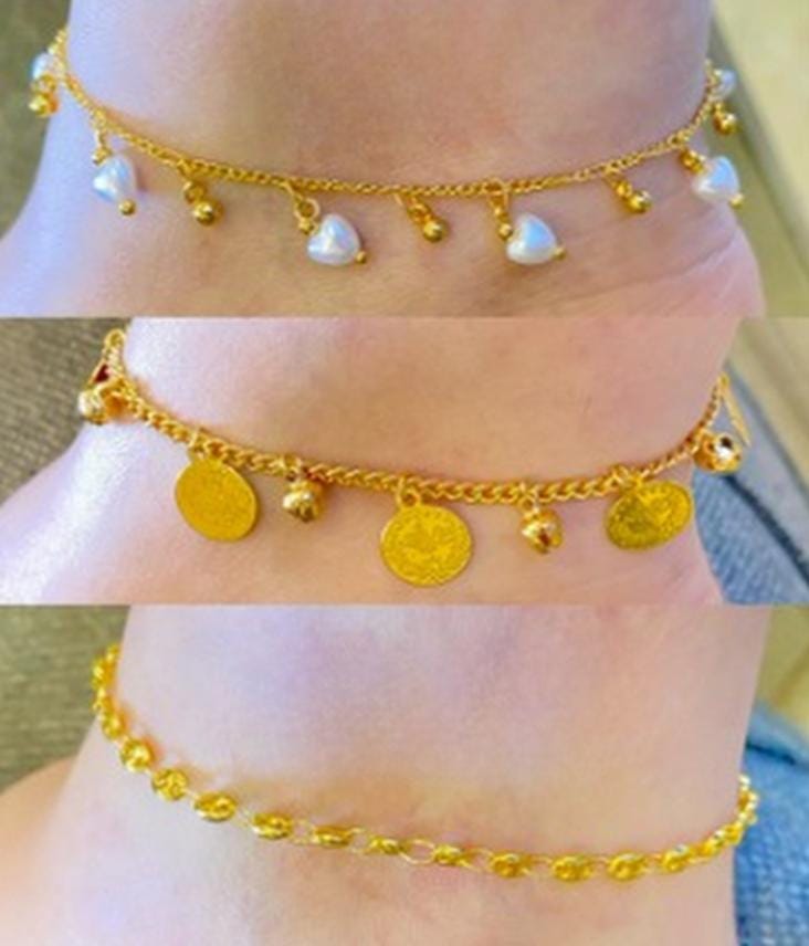 Gold-Plated Anklet Set – Adjustable Coin, Pearl & Crystal Charms Foot Jewelry