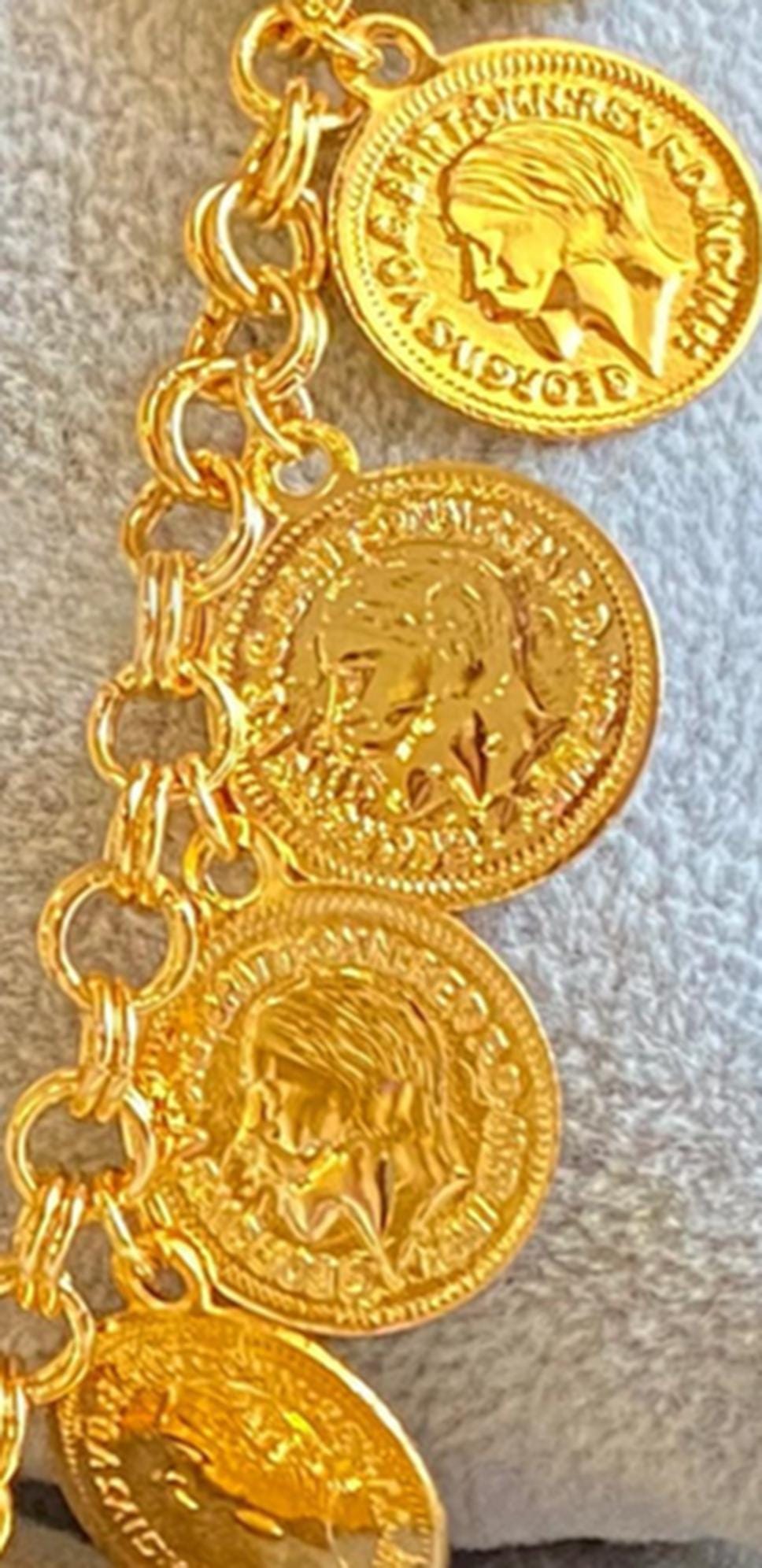 Gold Plated Coin Charm Bracelet: Boho Roman Style Dangle Jewelry