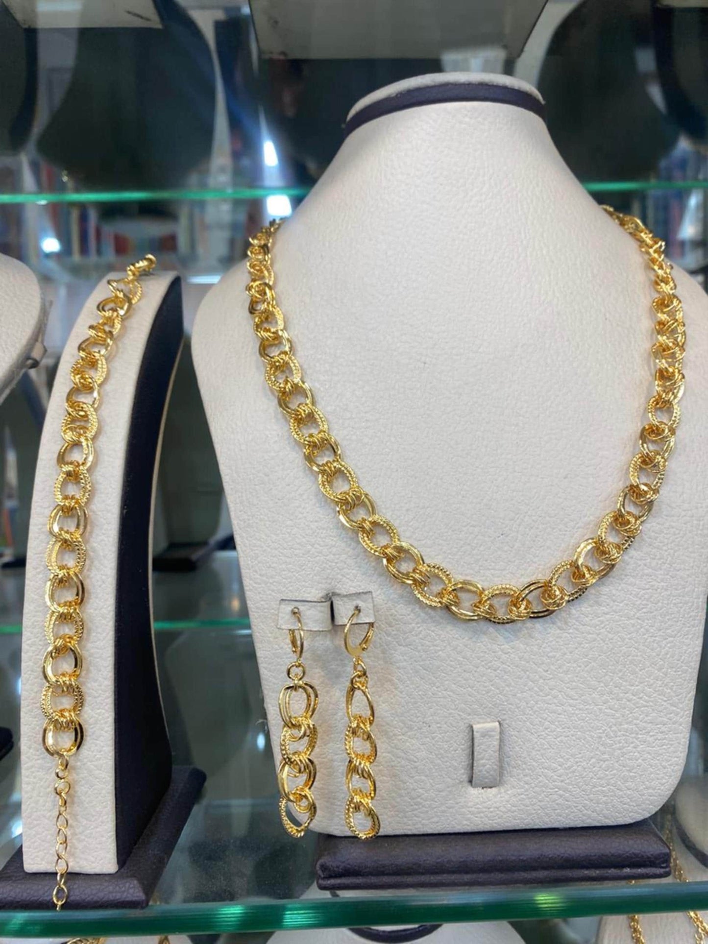 Gold Plated Chain Jewelry Set Chunky Link Necklace Bracelet Earrings