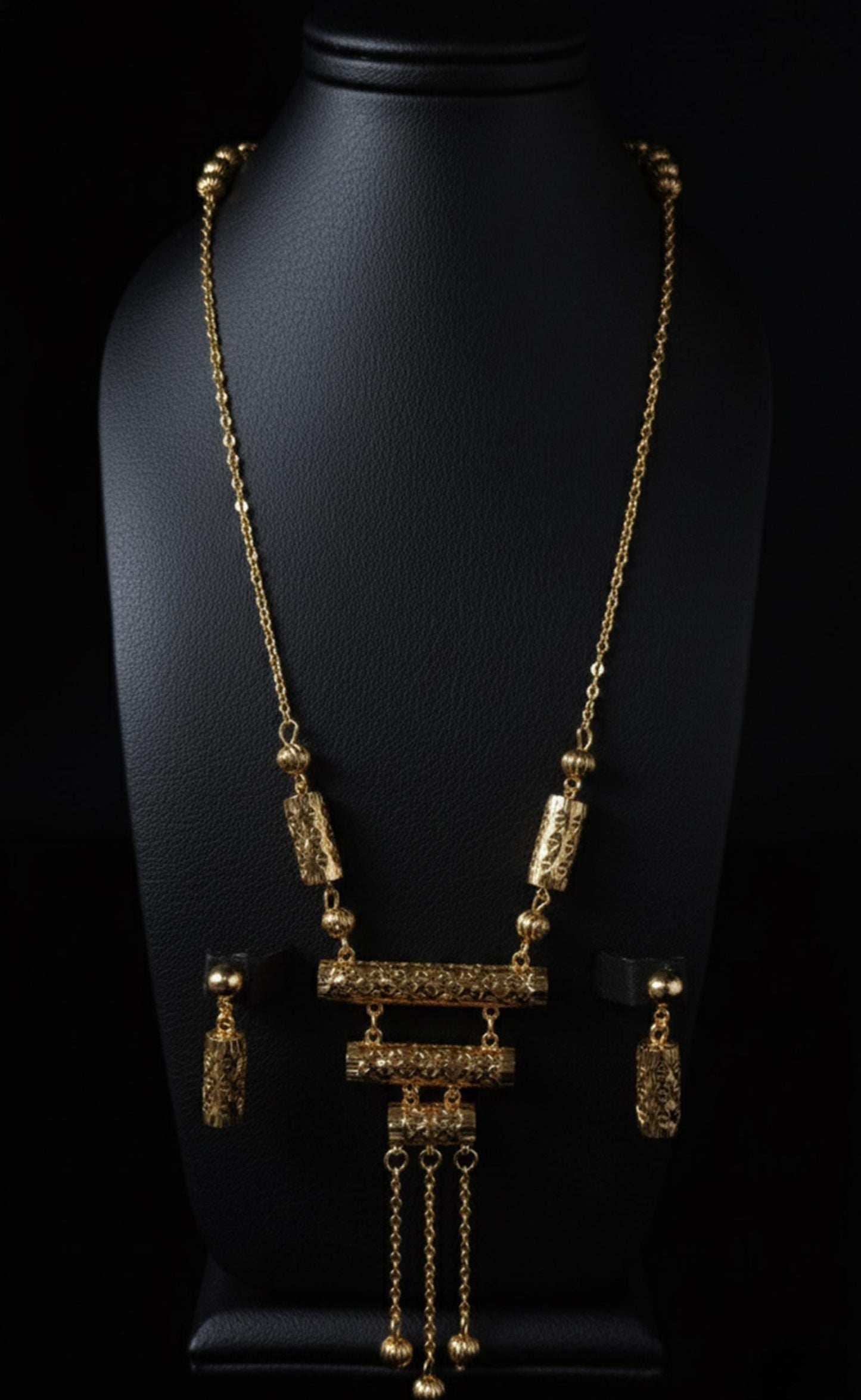 Exquisite Gold Plated Ottoman Style Filigree Necklace Set • Ethnic Cylinder Drop Earrings