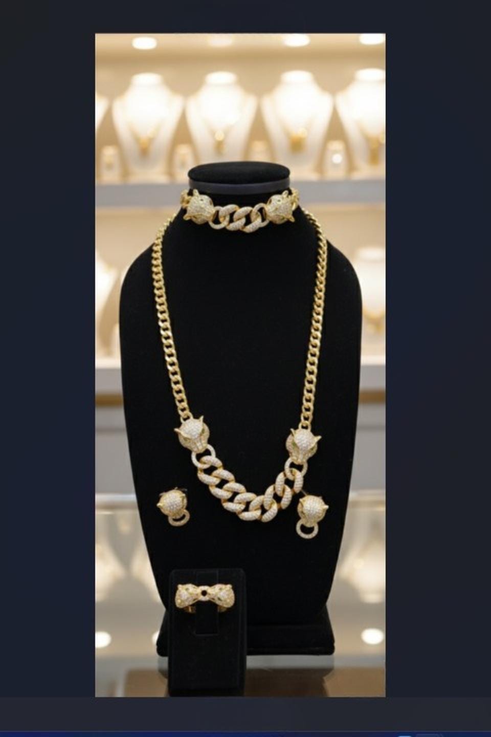 Gold Plated Panther Cuban Chain Jewelry Set Luxury Necklace Choker Earrings Ring