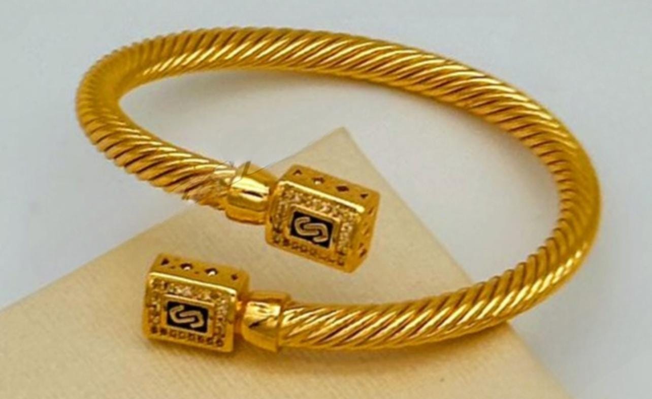 Gold-Plated Twisted Cable Cuff Bracelet & Adjustable Ring Set – Pave Stone Jewelry