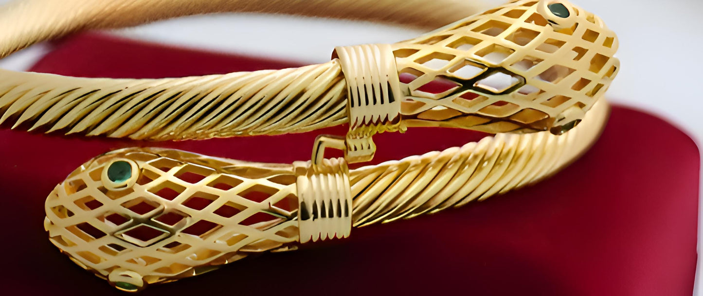 Gold-Plated Snake Bangle – Serpent Cuff Bracelet with Gemstone Eyes