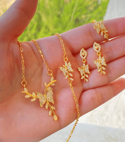 Gold-Plated Crystal Butterfly Jewelry Set: Necklace, Earrings, Bracelet & Ring