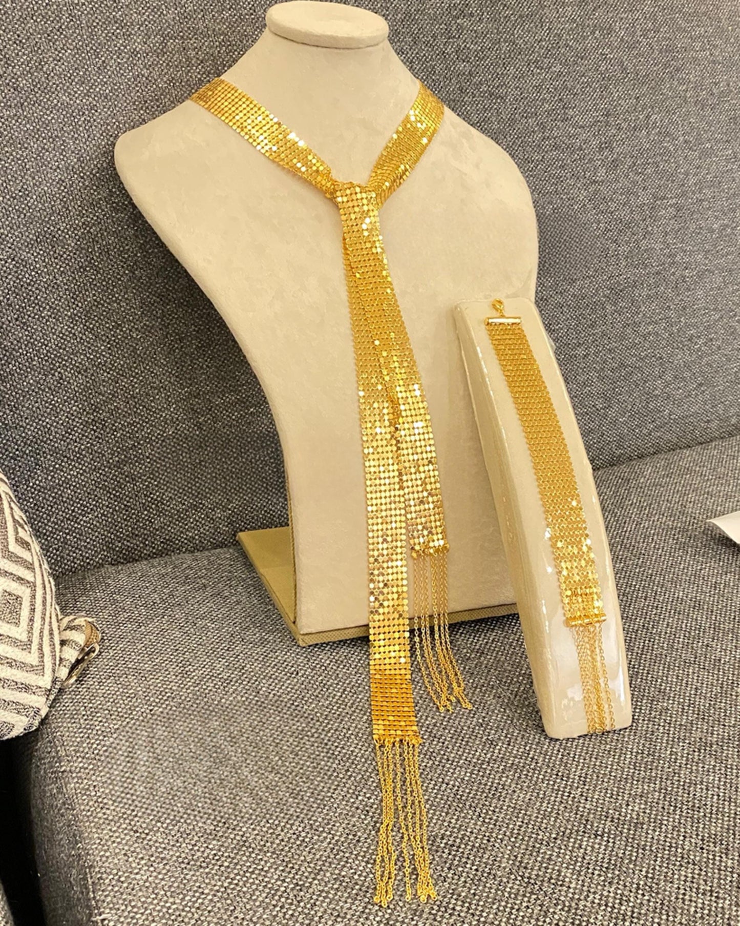 Gold Plated Tie Necklace Bracelet Set: Elegant Tassel Jewelry