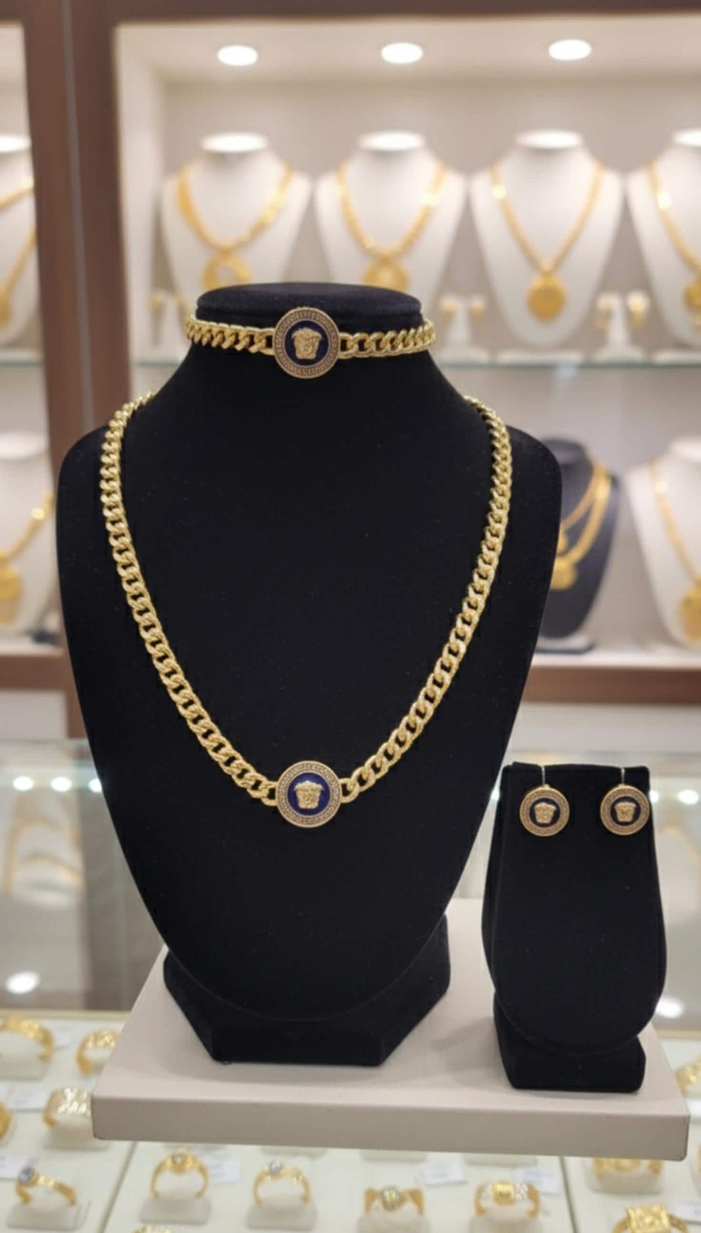 Gold Plated Cuban Chain Jewelry Set Greek Medallion Necklace Choker Earrings