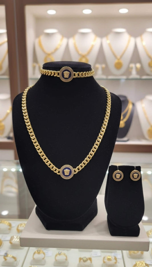 Gold Plated Cuban Chain Jewelry Set Greek Medallion Necklace Choker Earrings