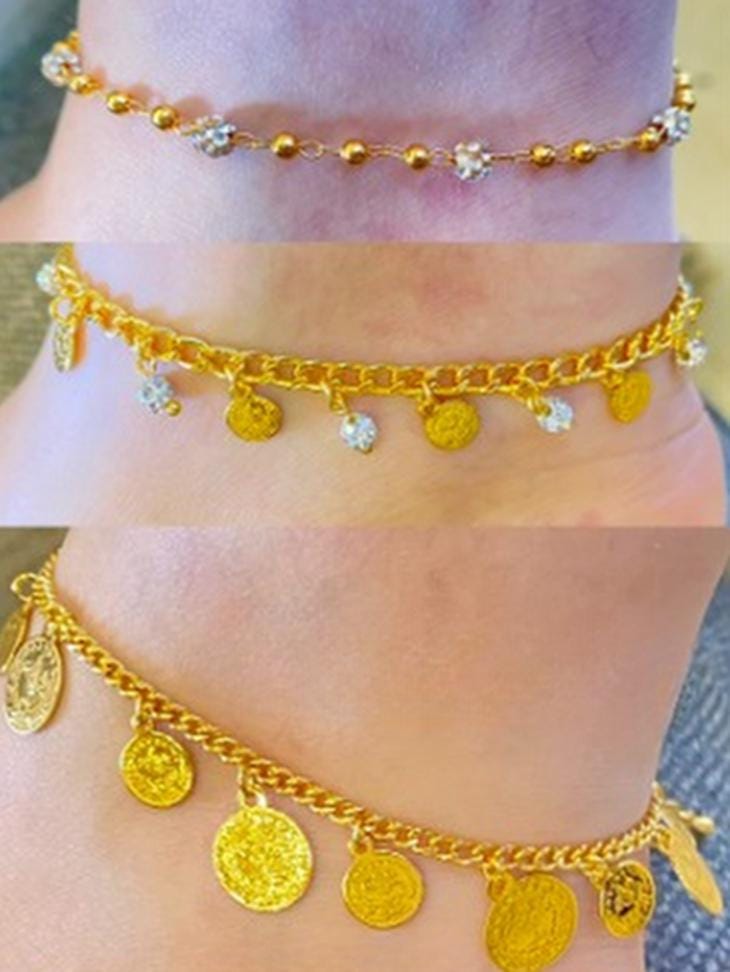Gold-Plated Anklet Set – Adjustable Coin, Pearl & Crystal Charms Foot Jewelry