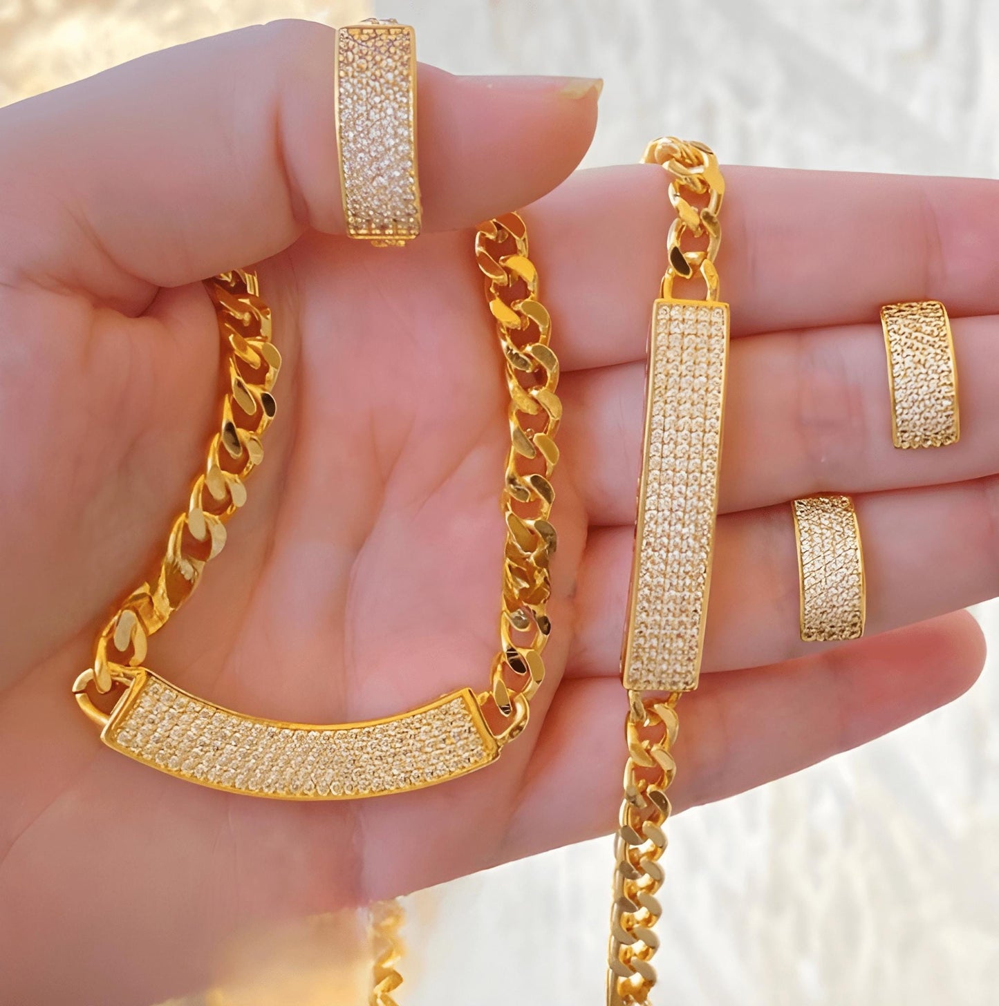 Gold-Plated Cuban Link Jewelry Set: Pave Crystal Necklace, Bracelet, Earrings & Ring
