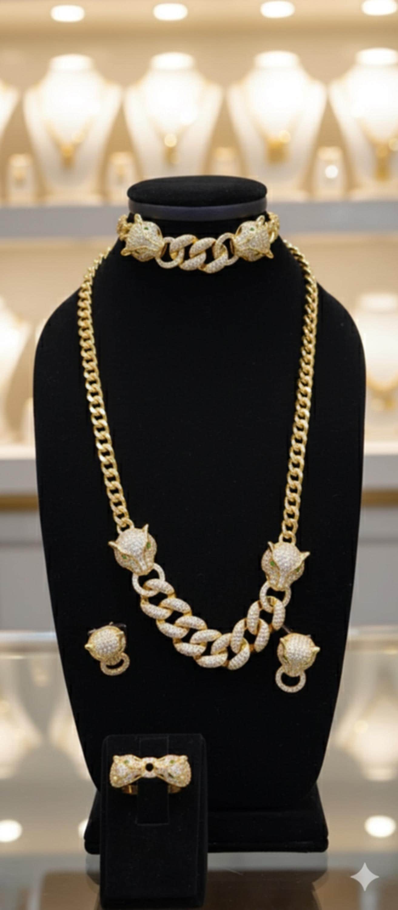 Gold Plated Panther Cuban Chain Jewelry Set Luxury Necklace Choker Earrings Ring