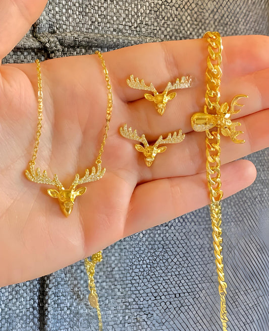 Gold Plated Deer Jewelry Set: Crystal Antlers Necklace, Bracelet & Earrings