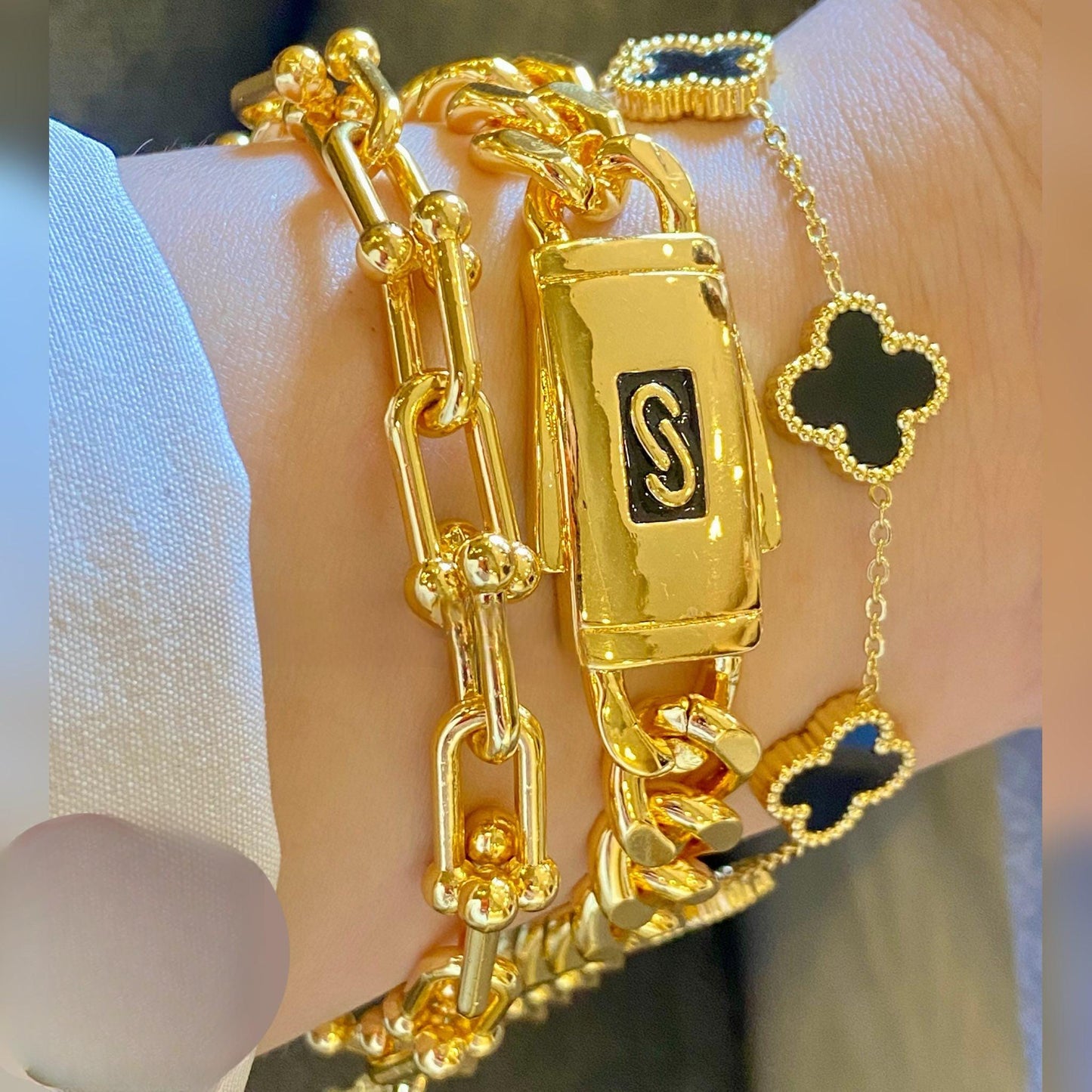 Gold-Plated Bracelet Set – 3-Piece Chain & Clover Design Jewelry for Women